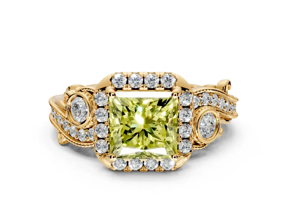 Bypass Halo Engagement Ring Setting for Fancy Yellow Princess Cut Center with Bezel Accents, Milgrain and Prong Head in Yellow Gold