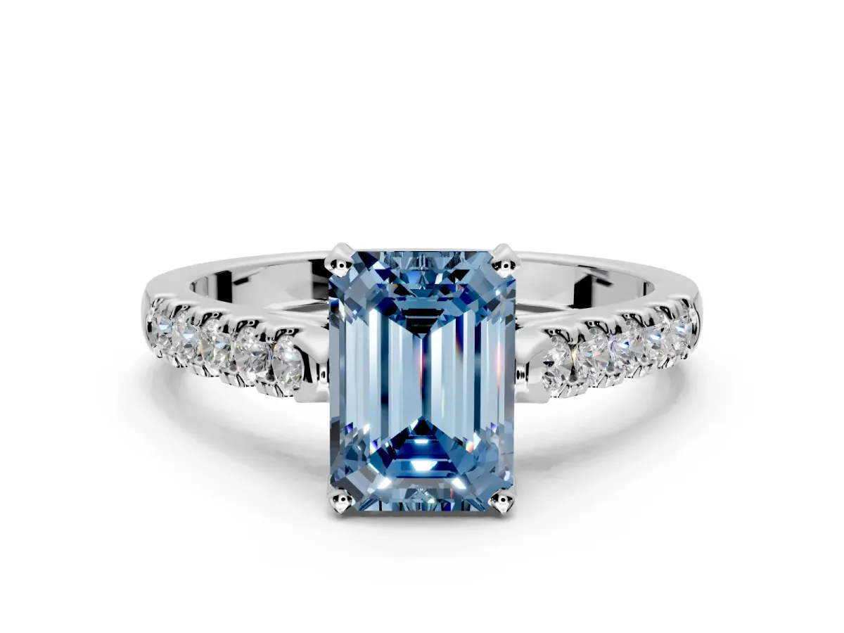 Solitaire Engagement Ring Setting for Fancy Blue Emerald Cut Center with Partway Pave Band and Prong Head in Platinum