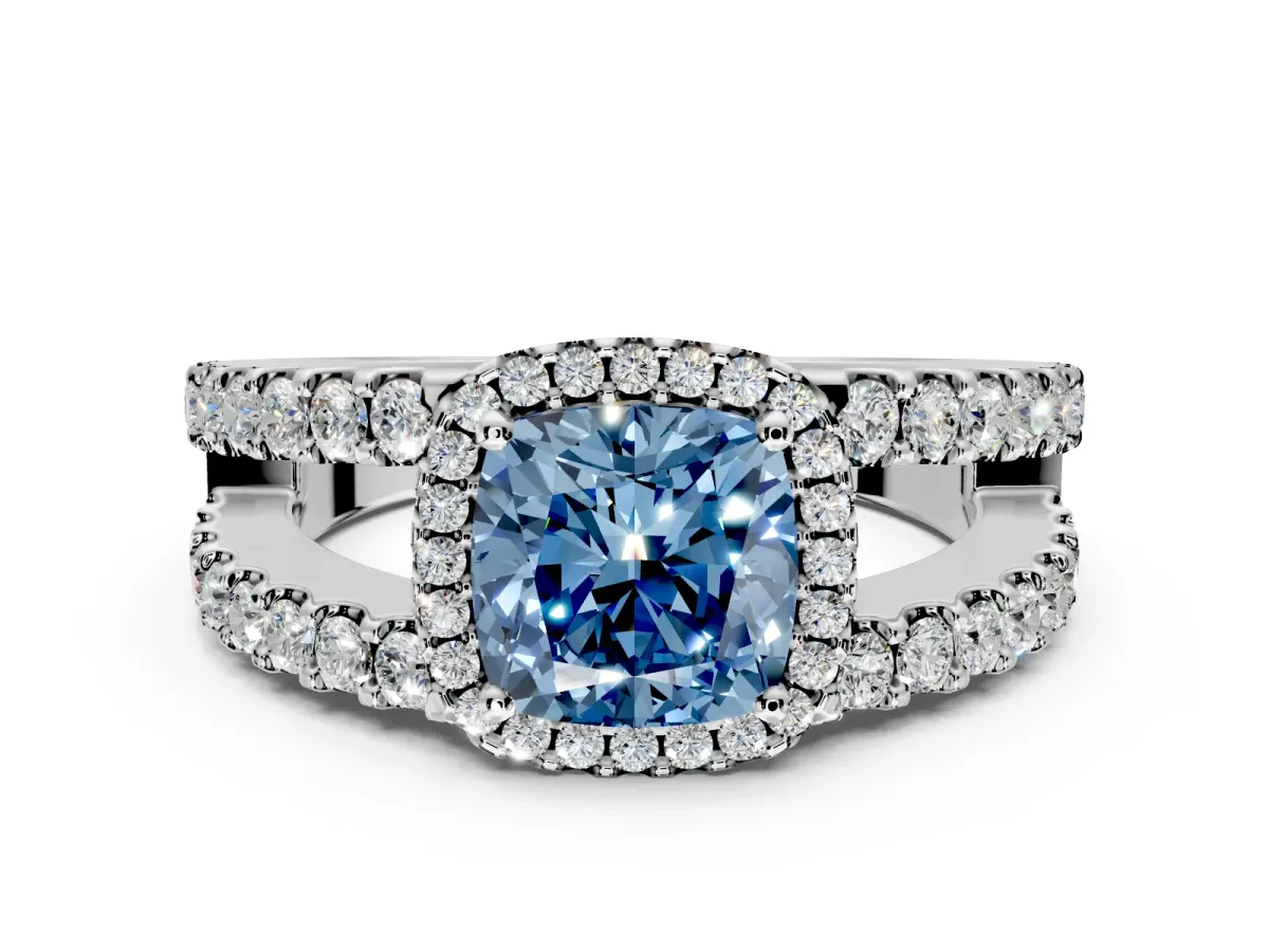 Halo Engagement Ring Setting for Fancy Blue Cushion Cut Center with Wide-Open Pave Split Shank and Prong Head in Sterling Silver