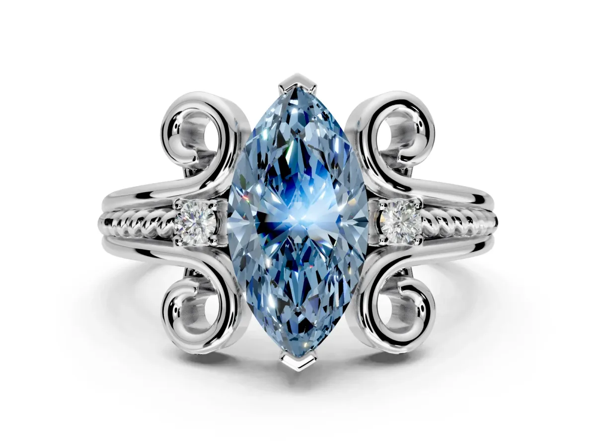 Solitaire Engagement Ring Setting for Fancy Blue Marquise Center with Twisted Band and Scroll Prong Head in White Gold