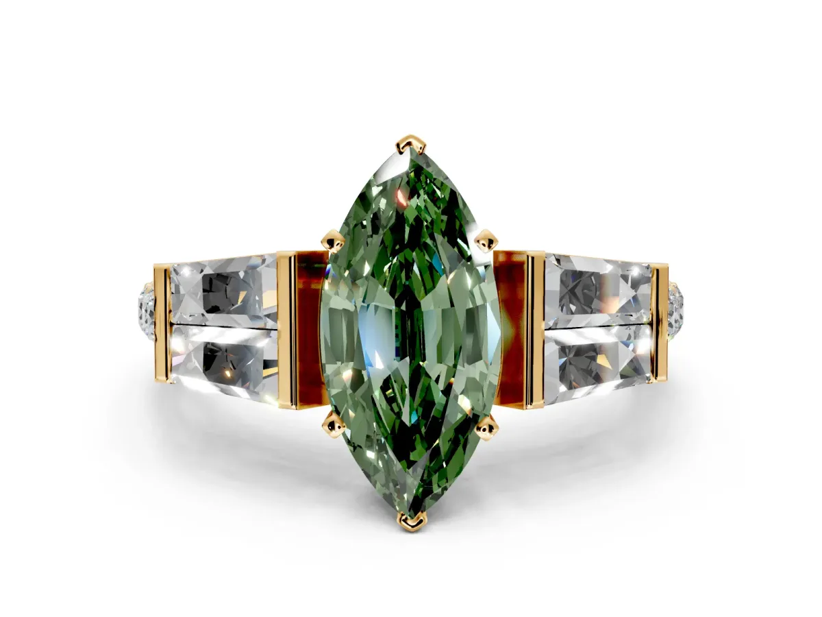 Channel-Set Engagement Ring Setting for Fancy Green Marquise Center with Baguette Band and Prong Head in Yellow Gold