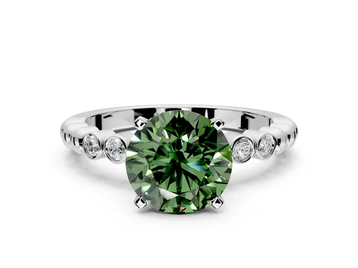 Solitaire Engagement Ring Setting for Fancy Green Round Cut Center with Bezel-Dot Beaded Band and Prong Head in White Gold