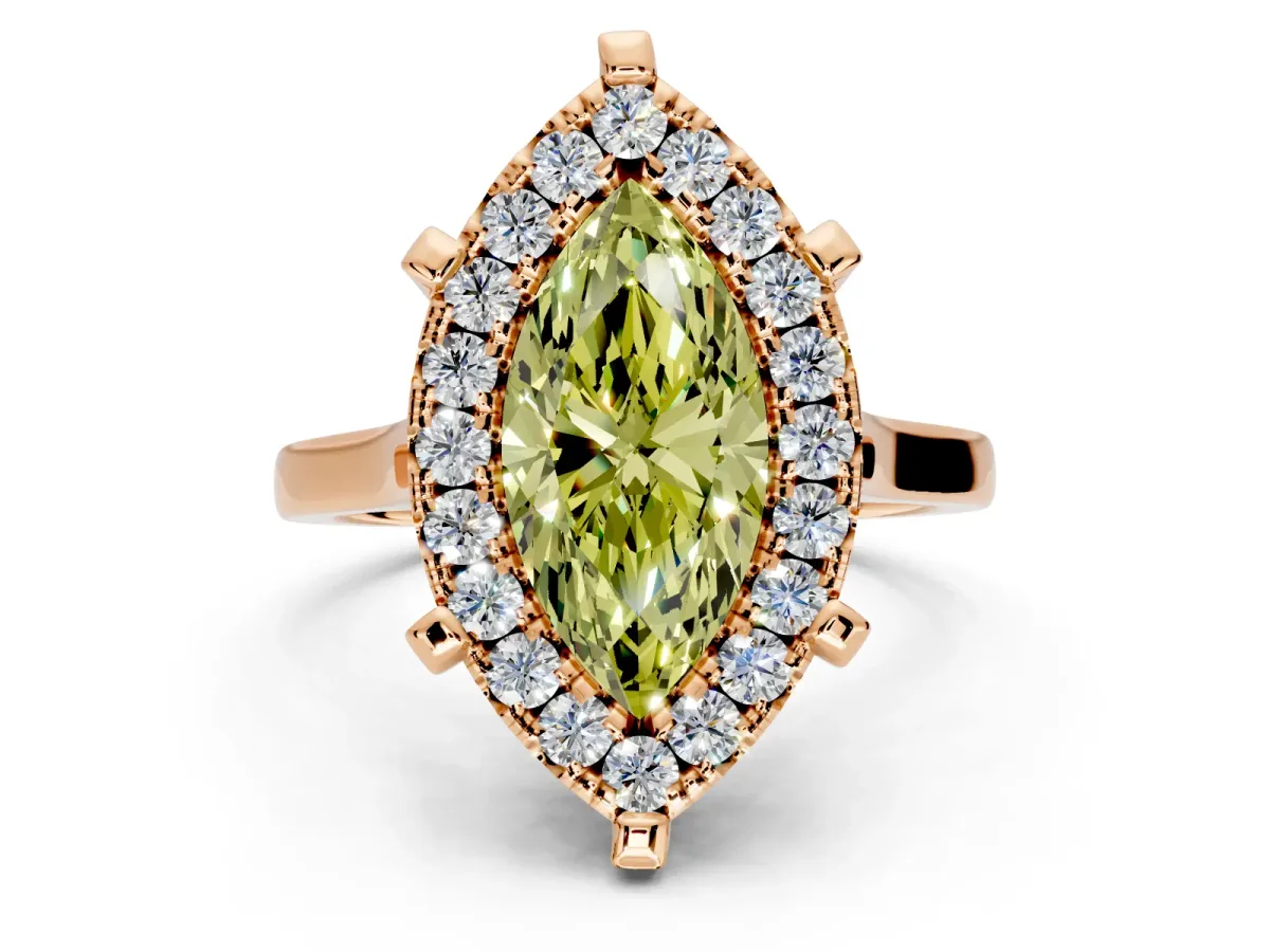 Single Halo Engagement Ring Setting for Fancy Yellow Marquise Center with Corner Claws, Plain Band and Prong Head in Rose Gold