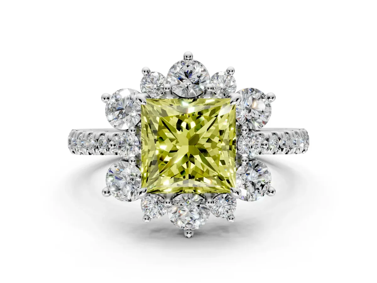 Floral Halo Engagement Ring Setting for Fancy Yellow Princess Cut Center with Pave Accents and Prong Head in Sterling Silver