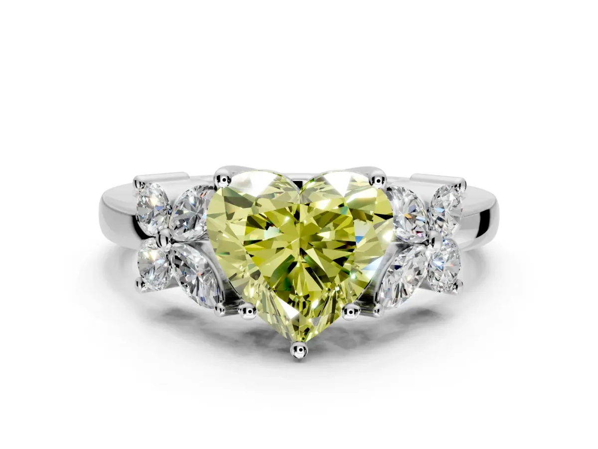 Floral Engagement Ring Setting for Fancy Yellow Heart-Shaped Center with Marquise Cluster Shoulders and Prong Head in Platinum