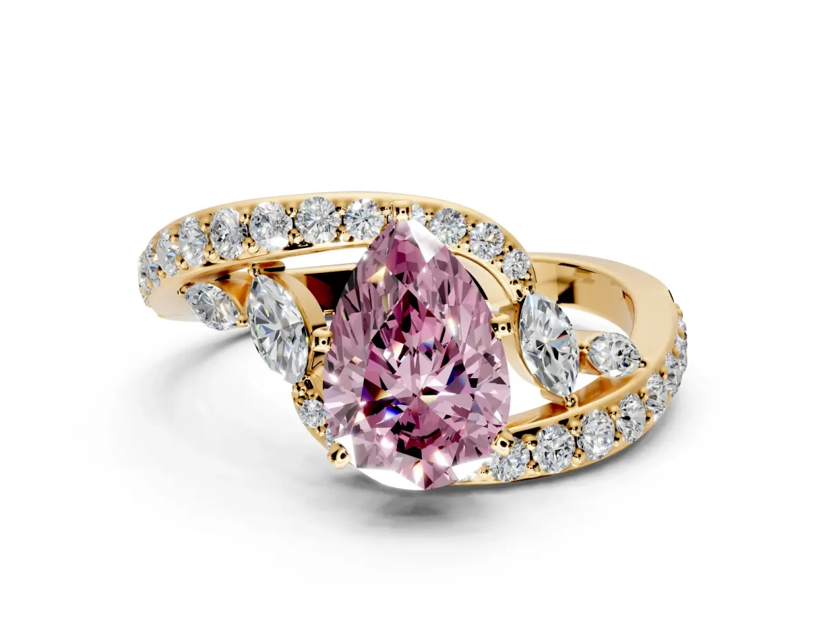 Solitaire Engagement Ring Setting for Fancy Pink Pear-Shaped Center with Pave Bypass Twist Band and Prong Head in Yellow Gold