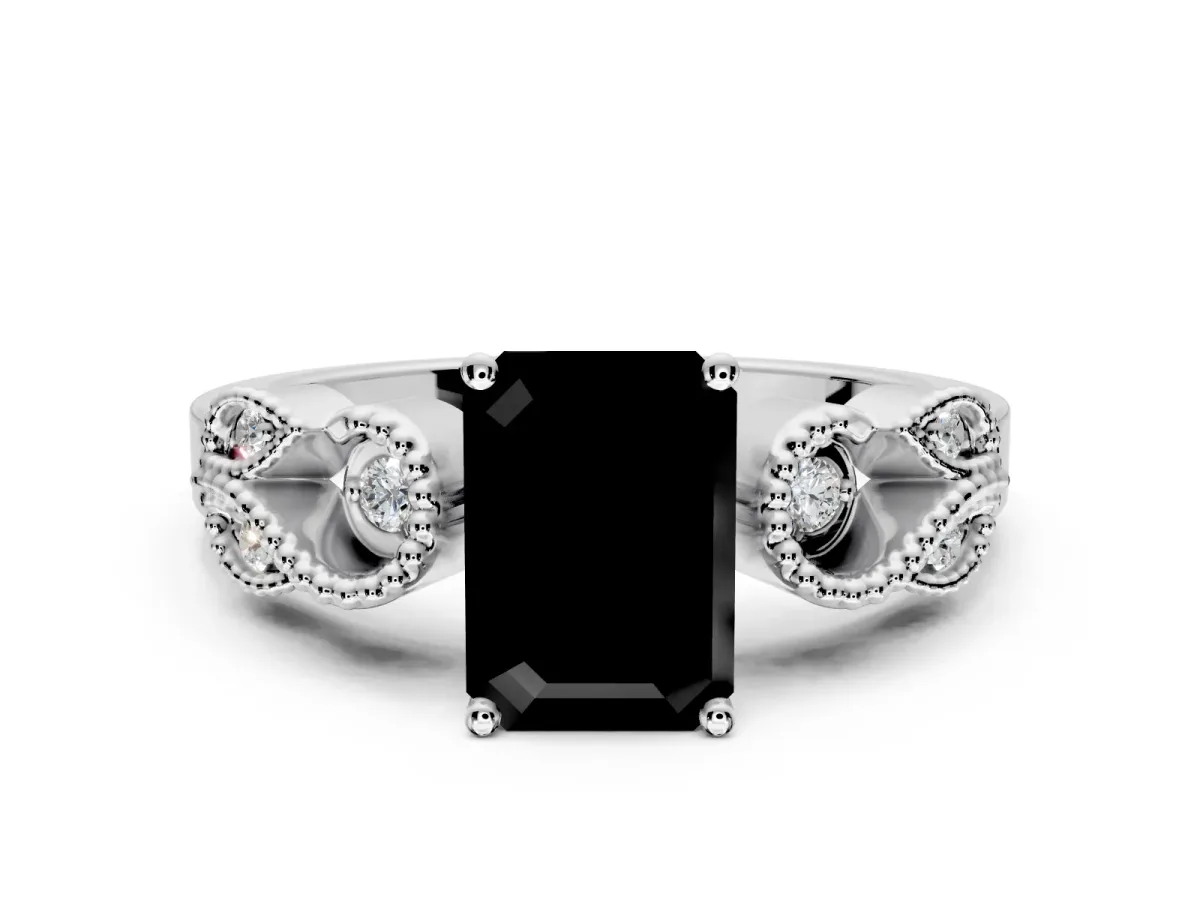 Leaf Engagement Ring Setting for Fancy Black Emerald Cut Center with Milgrain Accent Band and Prong Head in Platinum