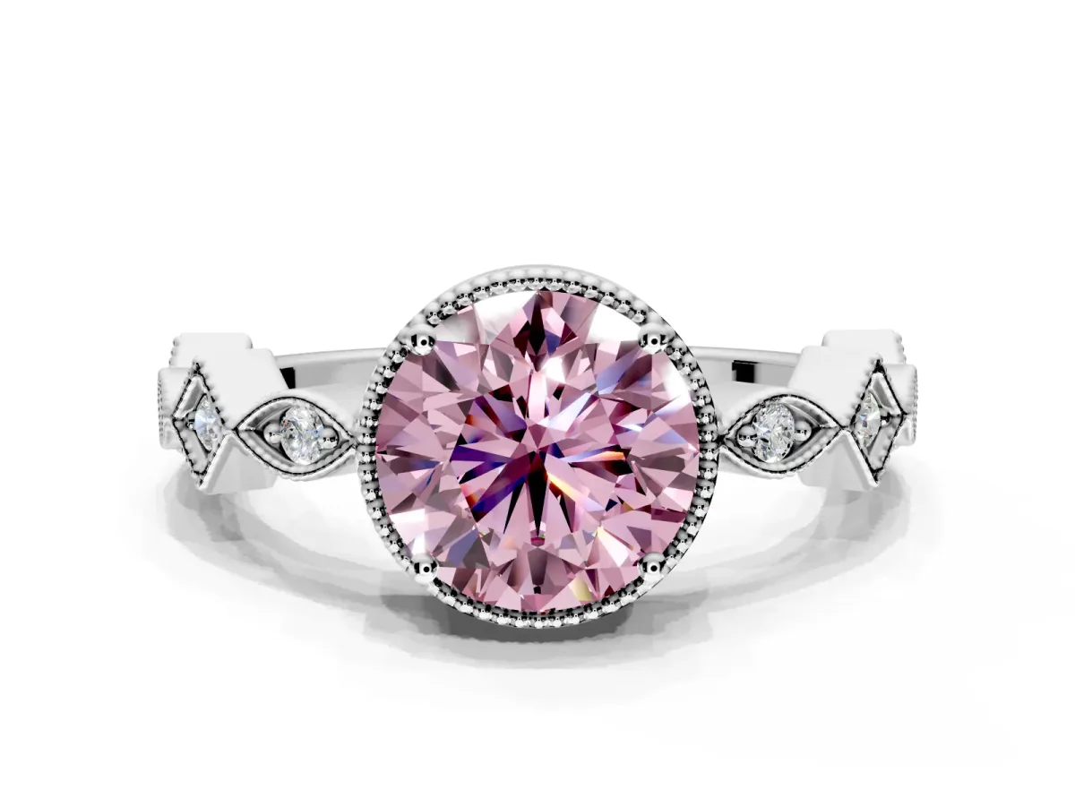Milgrain Bezel Engagement Ring Setting for Fancy Pink Round Cut Center with Marquise Stations and Bezel Head in Platinum