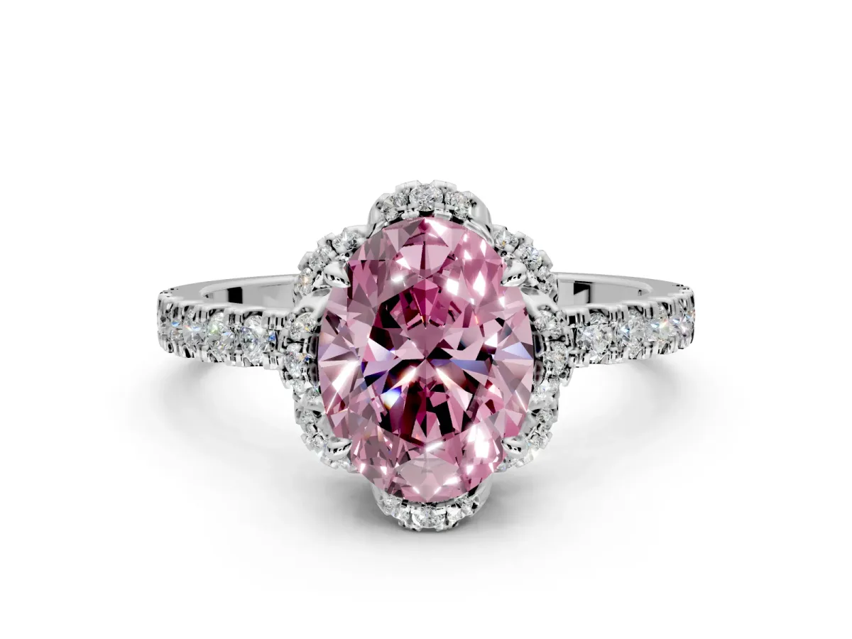 Halo Engagement Ring Setting for Fancy Pink Oval Center with Openwork Halo, Pave Band and Prong Head in White Gold