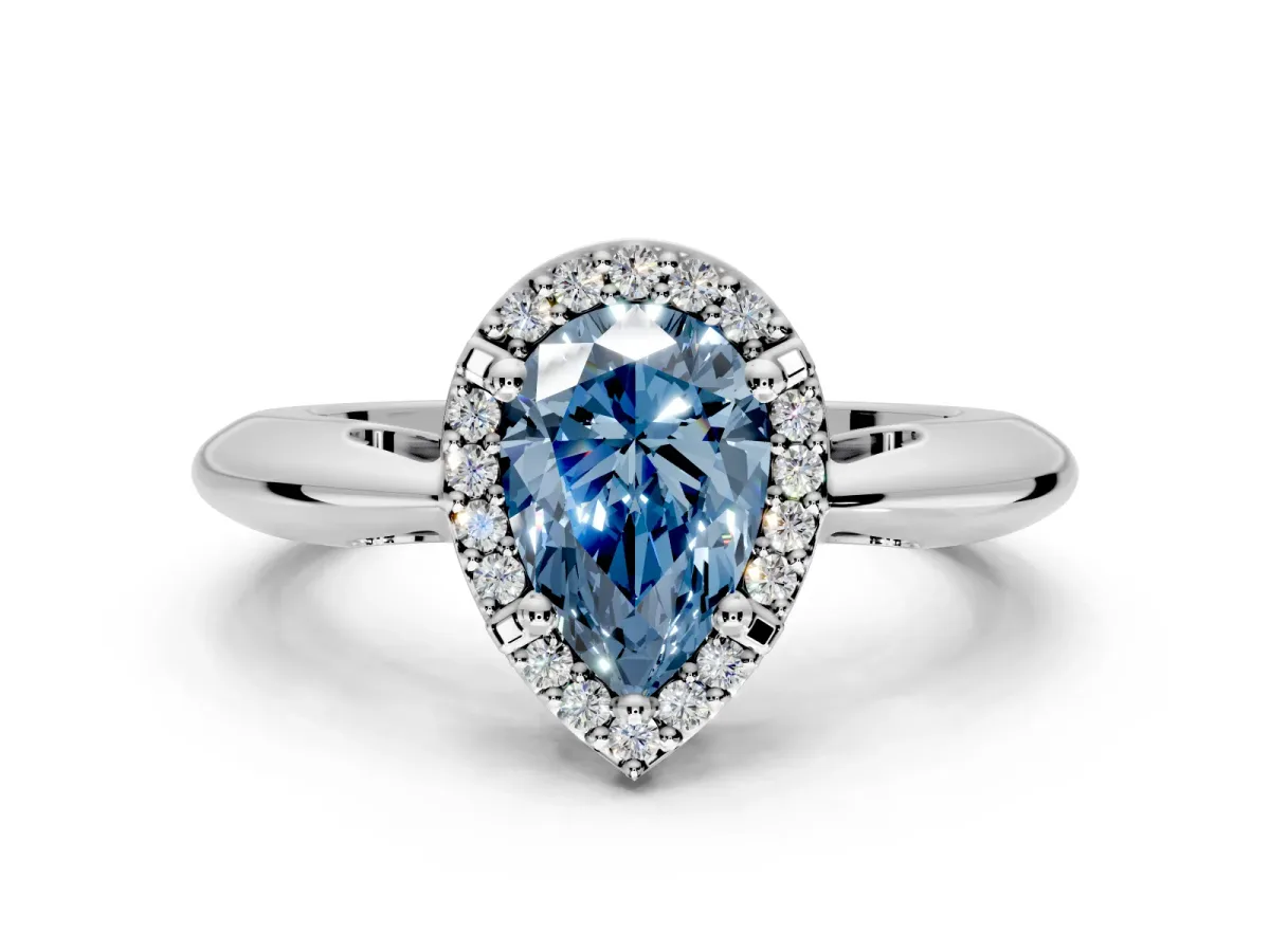 Halo Engagement Ring Setting for Fancy Blue Pear-Shaped Center with Tapered Plain Band and Prong Head in Sterling Silver