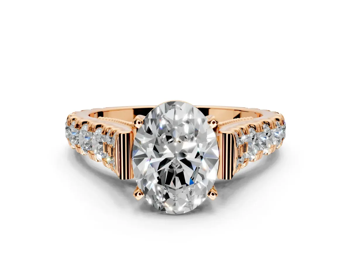 Solitaire Engagement Ring Setting for Oval Center with Pave Cathedral Shoulders and Prong Head in Rose Gold