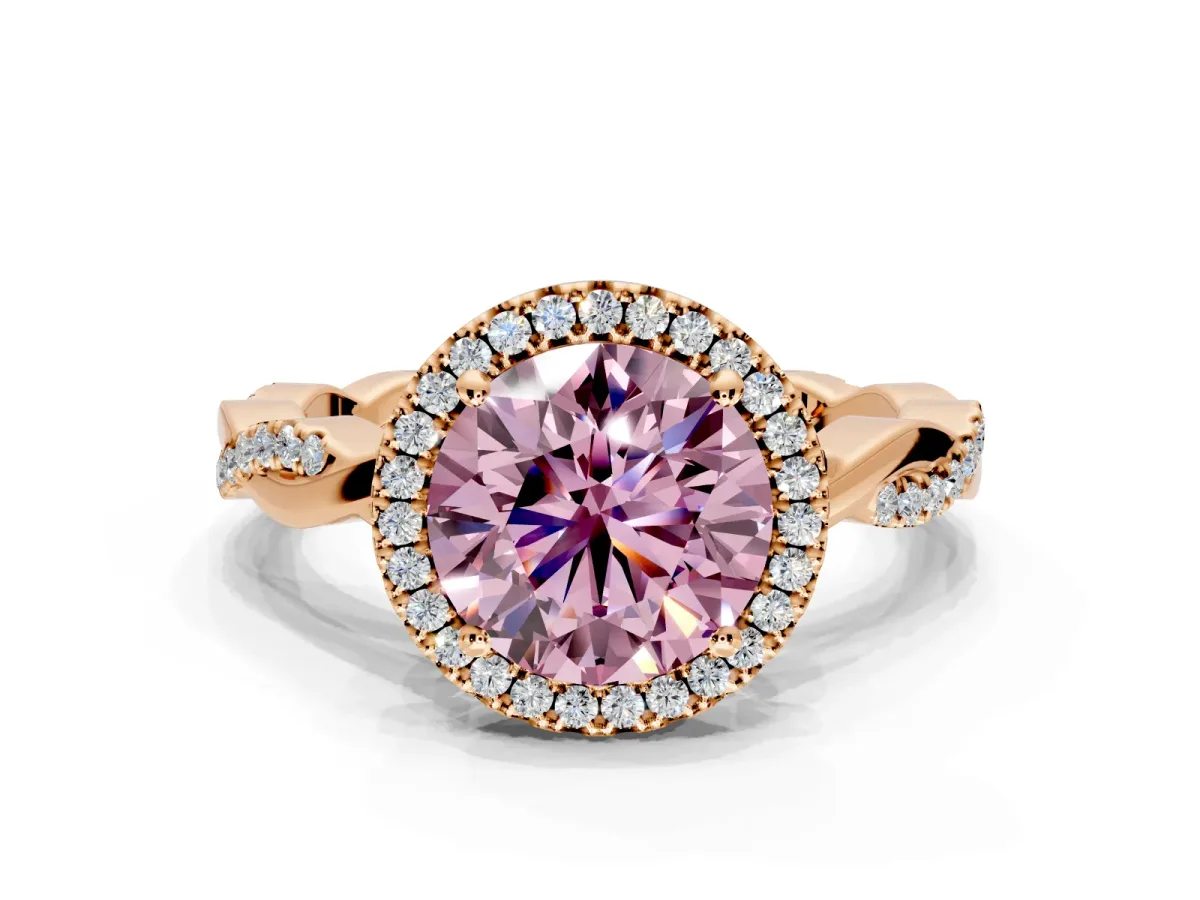 Halo Engagement Ring Setting for Fancy Pink Round Cut Center with Pave and Plain Twist Band and Prong Head in Rose Gold
