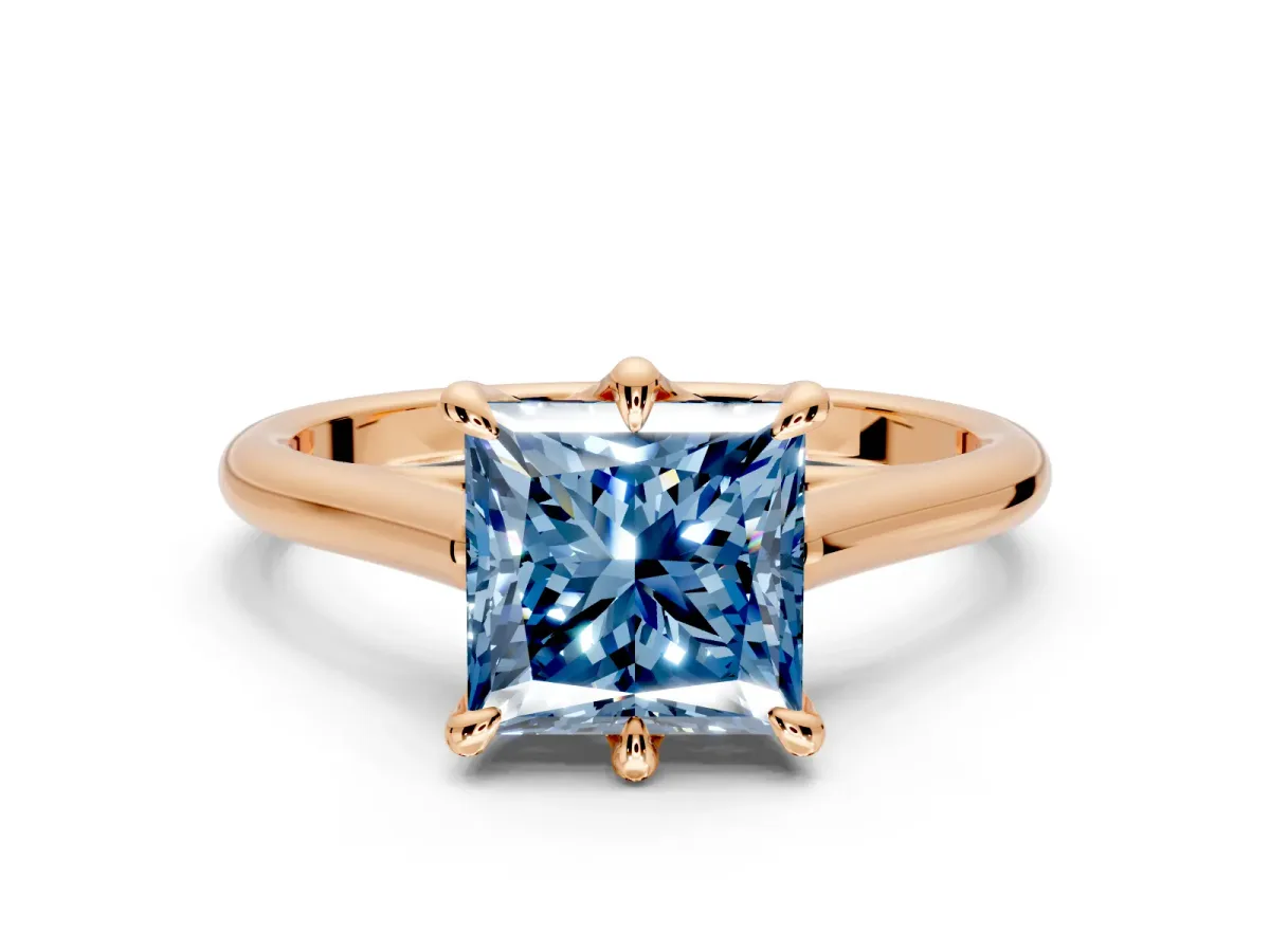Solitaire Engagement Ring Setting for Fancy Blue Princess Cut Center with Cathedral Band and Prong Head in Rose Gold