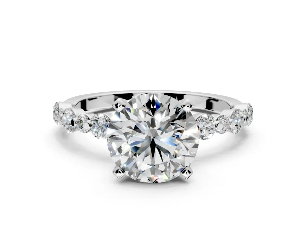 Solitaire Engagement Ring Setting for Round Cut Center with Alternating Size Accents and Prong Head in Sterling Silver