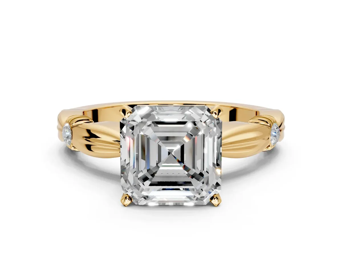 Solitaire Engagement Ring Setting for Asscher Cut Center with Carved Leaf Shoulders and Prong Head in Yellow Gold