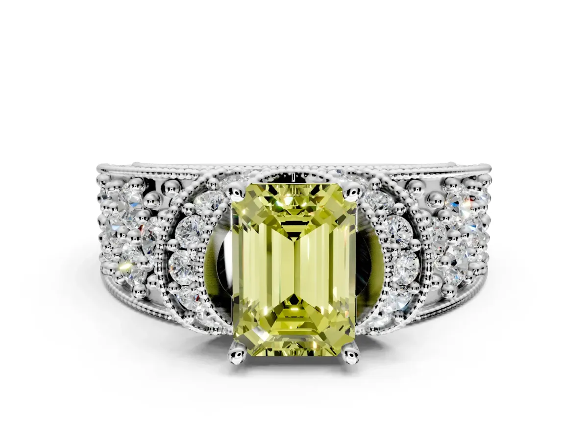 Pave Engagement Ring Setting for Fancy Yellow Emerald Cut Center with Curved Accent Rows, Openwork and Prong Head in Platinum