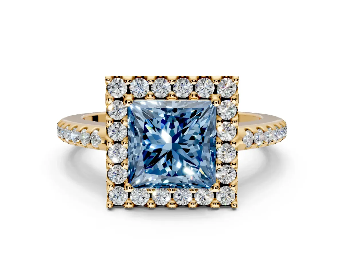 Pave Halo Engagement Ring Setting for Fancy Blue Princess Cut Center with Single Row Pave Band and Prong Head in Yellow Gold