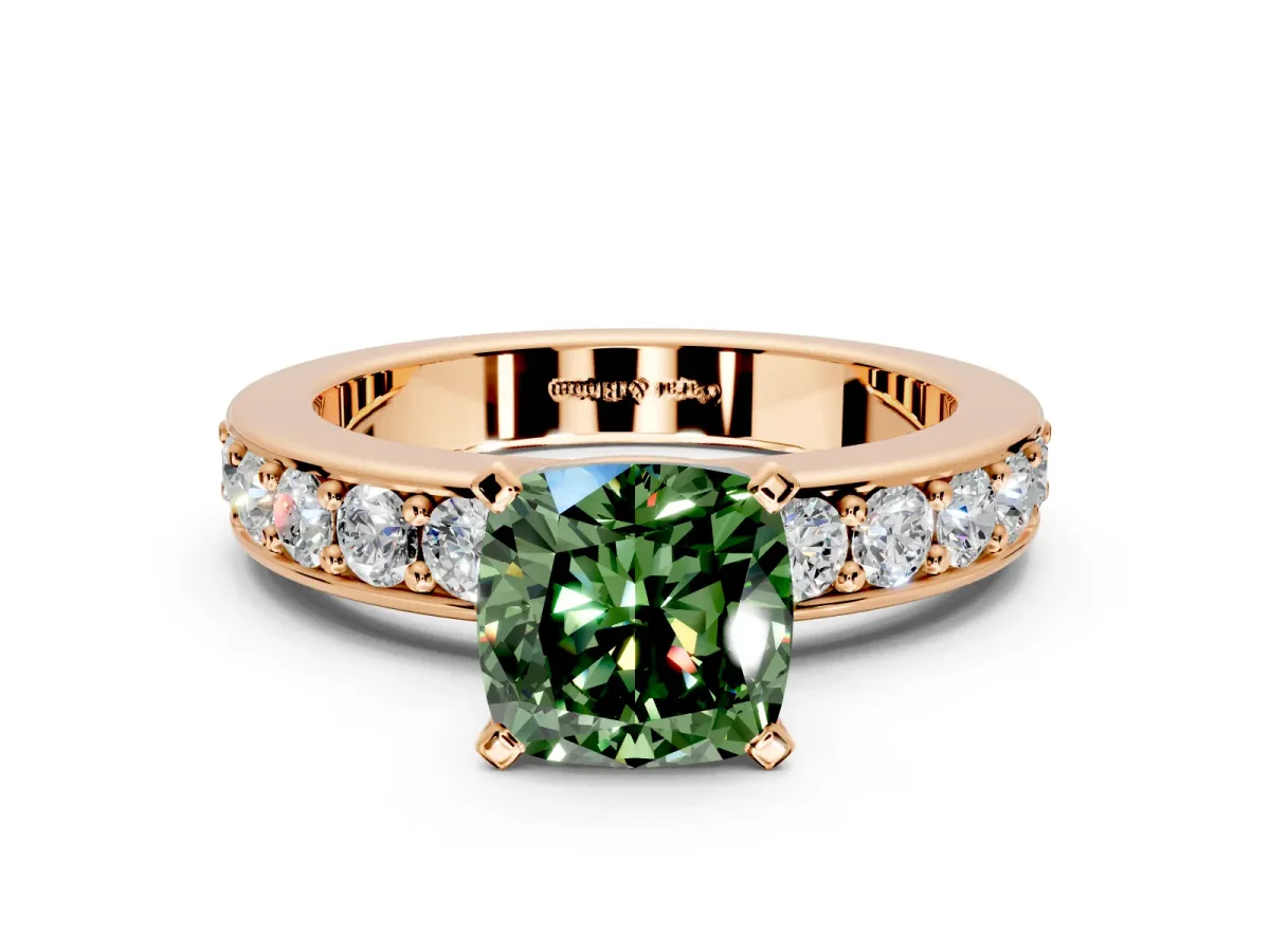 Solitaire Engagement Ring Setting for Fancy Green Cushion Cut Center with Channel-Set Accents and Prong Head in Rose Gold
