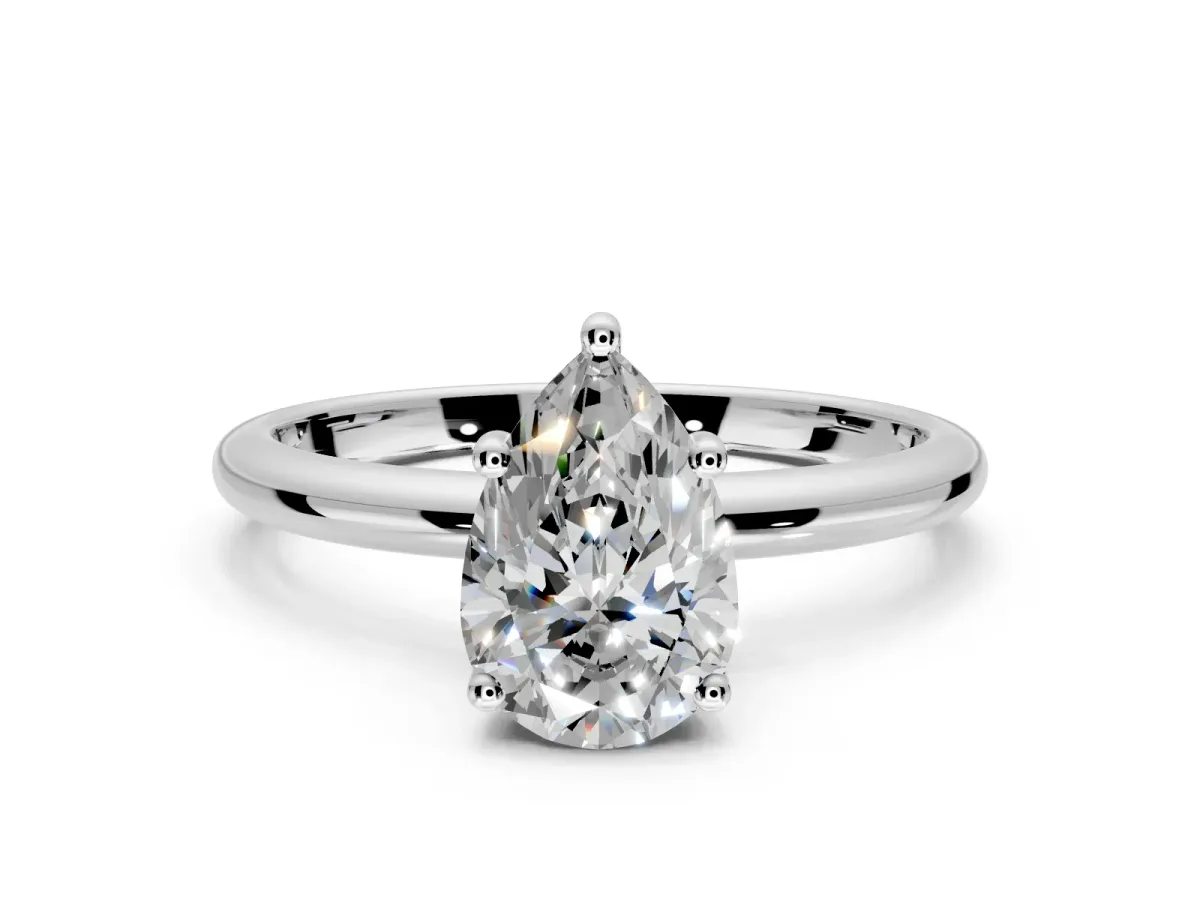 Hidden Halo Engagement Ring Setting for Pear-Shaped Center with Thin Round-Wire Band and Prong Head in White Gold