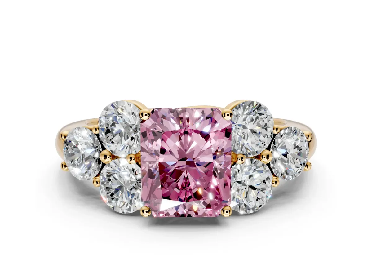 Cluster Engagement Ring Setting for Fancy Pink Radiant Cut Center with Round Cut Accent Frame and Prong Head in Yellow Gold