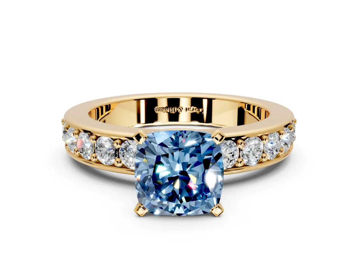 Solitaire Engagement Ring Setting for Fancy Blue Cushion Cut Center with Channel-Set Accents and Prong Head in Yellow Gold