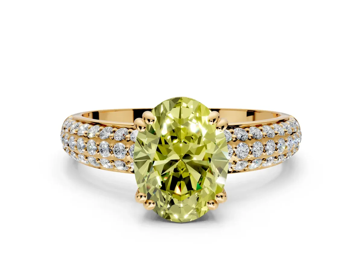 Solitaire Engagement Ring Setting for Fancy Yellow Oval Center with Multi-Row Pave Accents and Basket Head in Yellow Gold