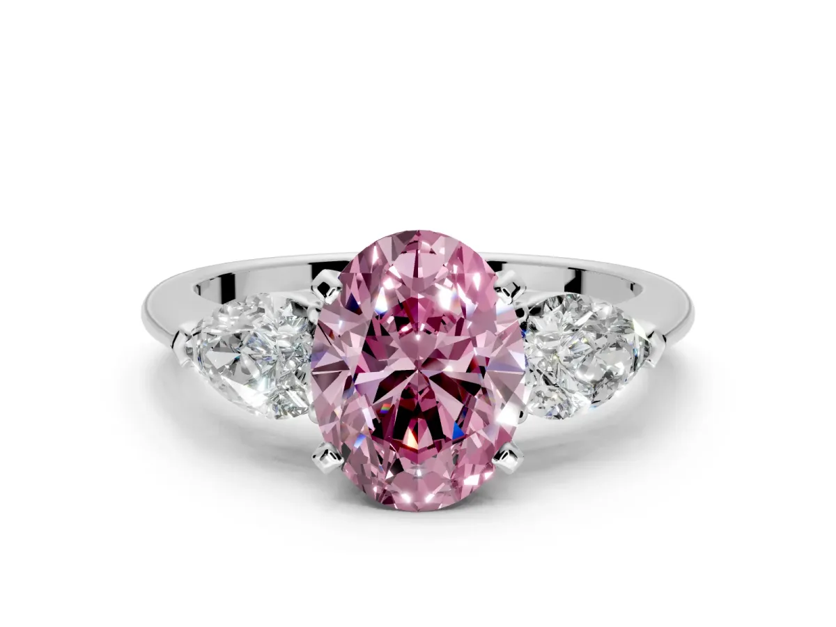 3 Stone Engagement Ring Setting for Fancy Pink Oval Center with Large Pear-Shaped Accents and Prong Head in Sterling Silver