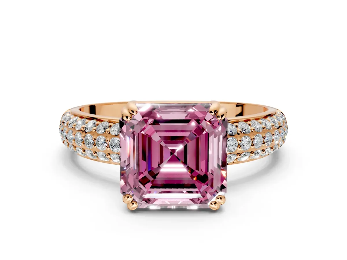 Solitaire Engagement Ring Setting for Fancy Pink Asscher Cut Center with Multi-Row Pave Accents and Basket Head in Rose Gold