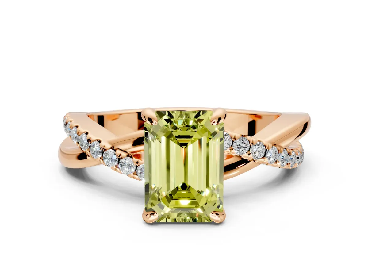 Solitaire Engagement Ring Setting for Fancy Yellow Emerald Cut Center with Half-Pave Crossover Band and Prong Head in Rose Gold