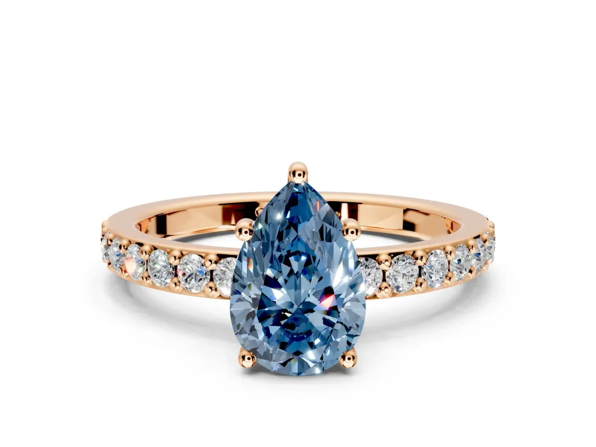 Solitaire Engagement Ring Setting for Fancy Blue Pear-Shaped Center with Round Cut Pave Band and Prong Head in Rose Gold