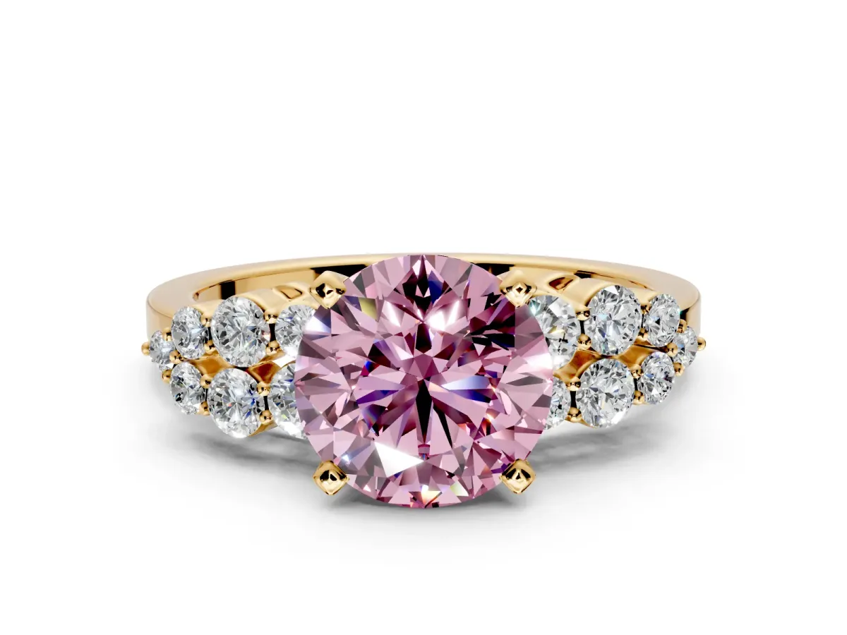 Cluster Engagement Ring Setting for Fancy Pink Round Cut Center with 2-Row Shoulder Clusters and Prong Head in Yellow Gold