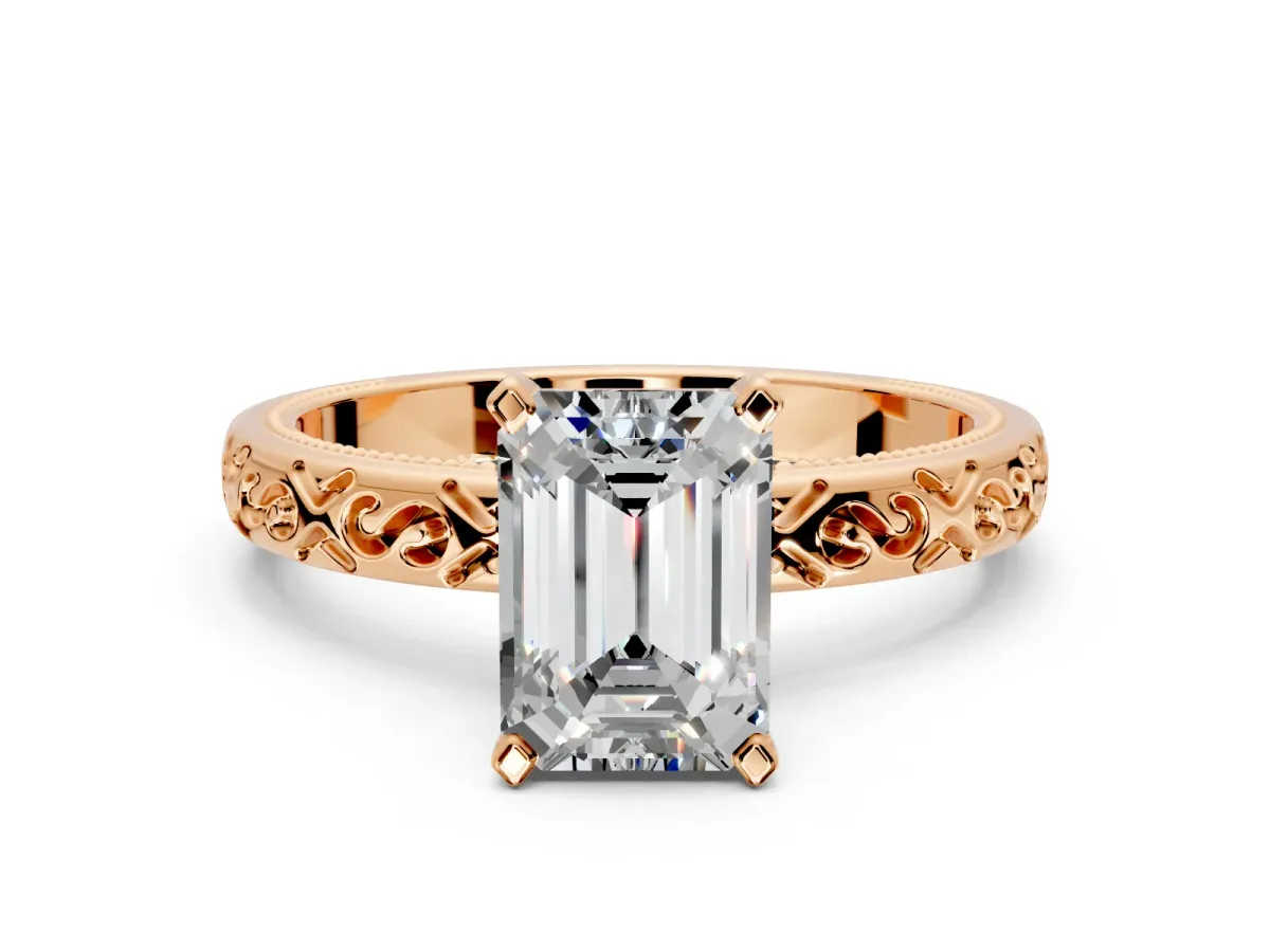 Solitaire Engagement Ring Setting for Emerald Cut Center with Scrollwork Band and Prong Head in Rose Gold