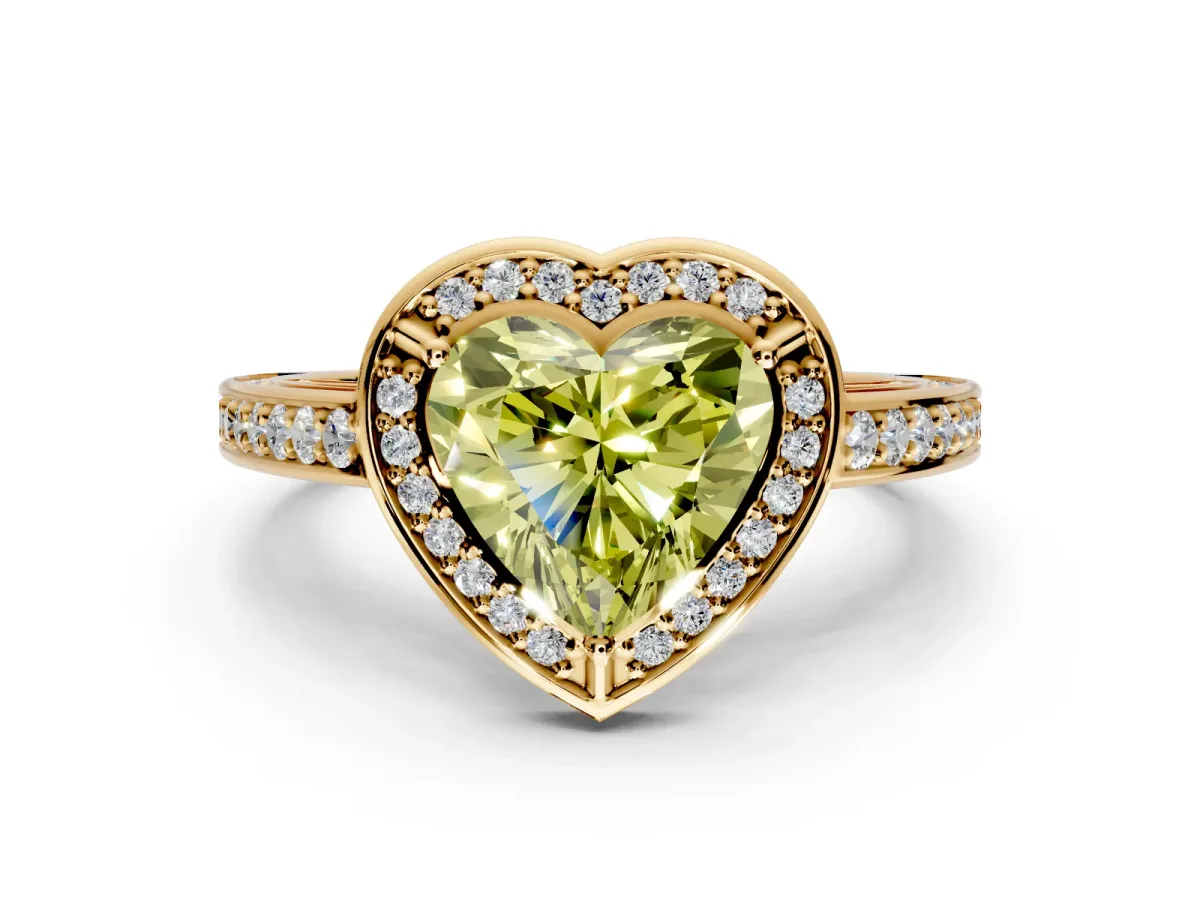 Halo Engagement Ring Setting for Fancy Yellow Heart-Shaped Center with Framed Halo, Pave Band and Prong Head in Yellow Gold