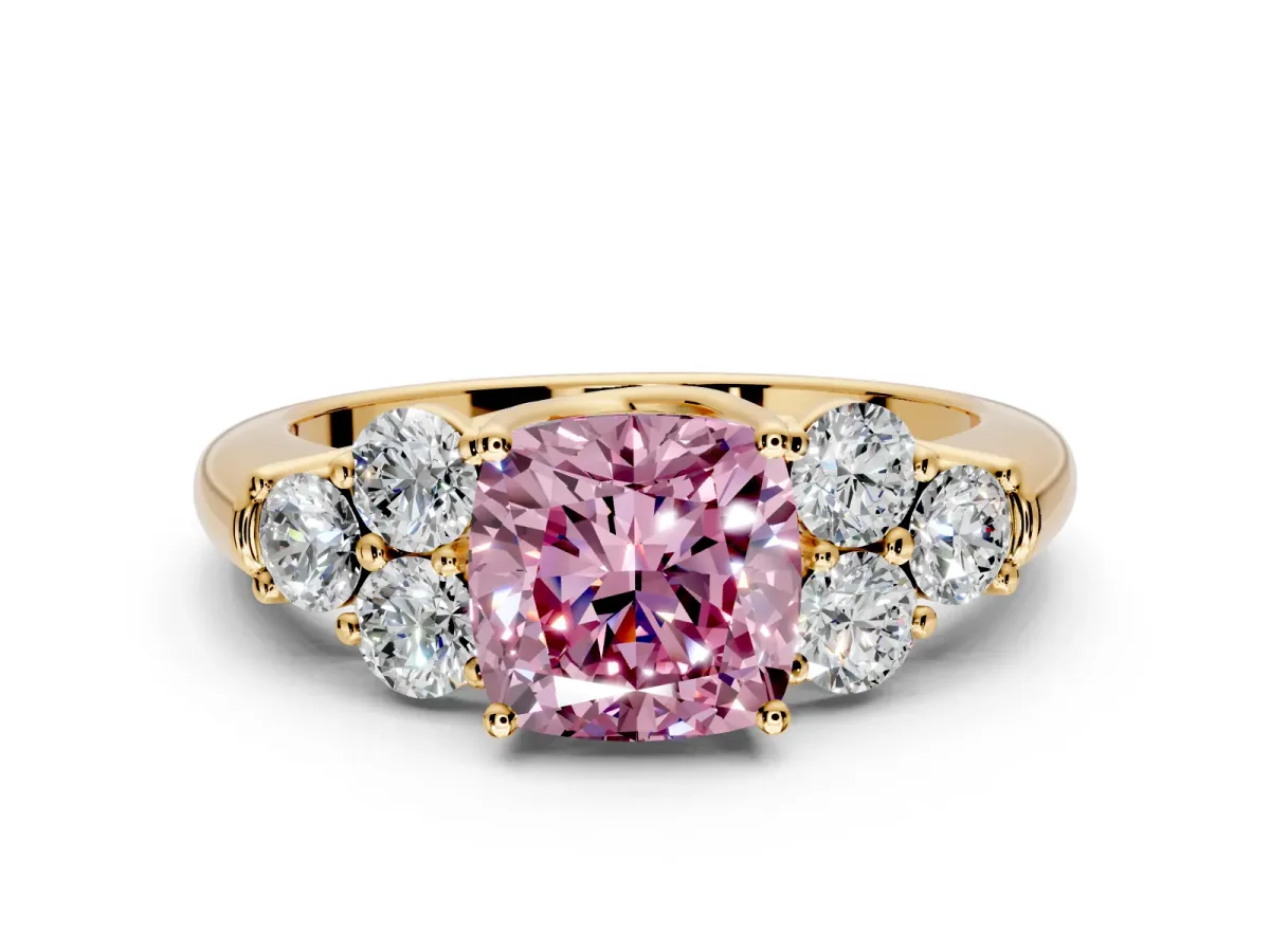 Cluster Engagement Ring Setting for Fancy Pink Cushion Cut Center with Round Cut Accent Frame and Prong Head in Yellow Gold