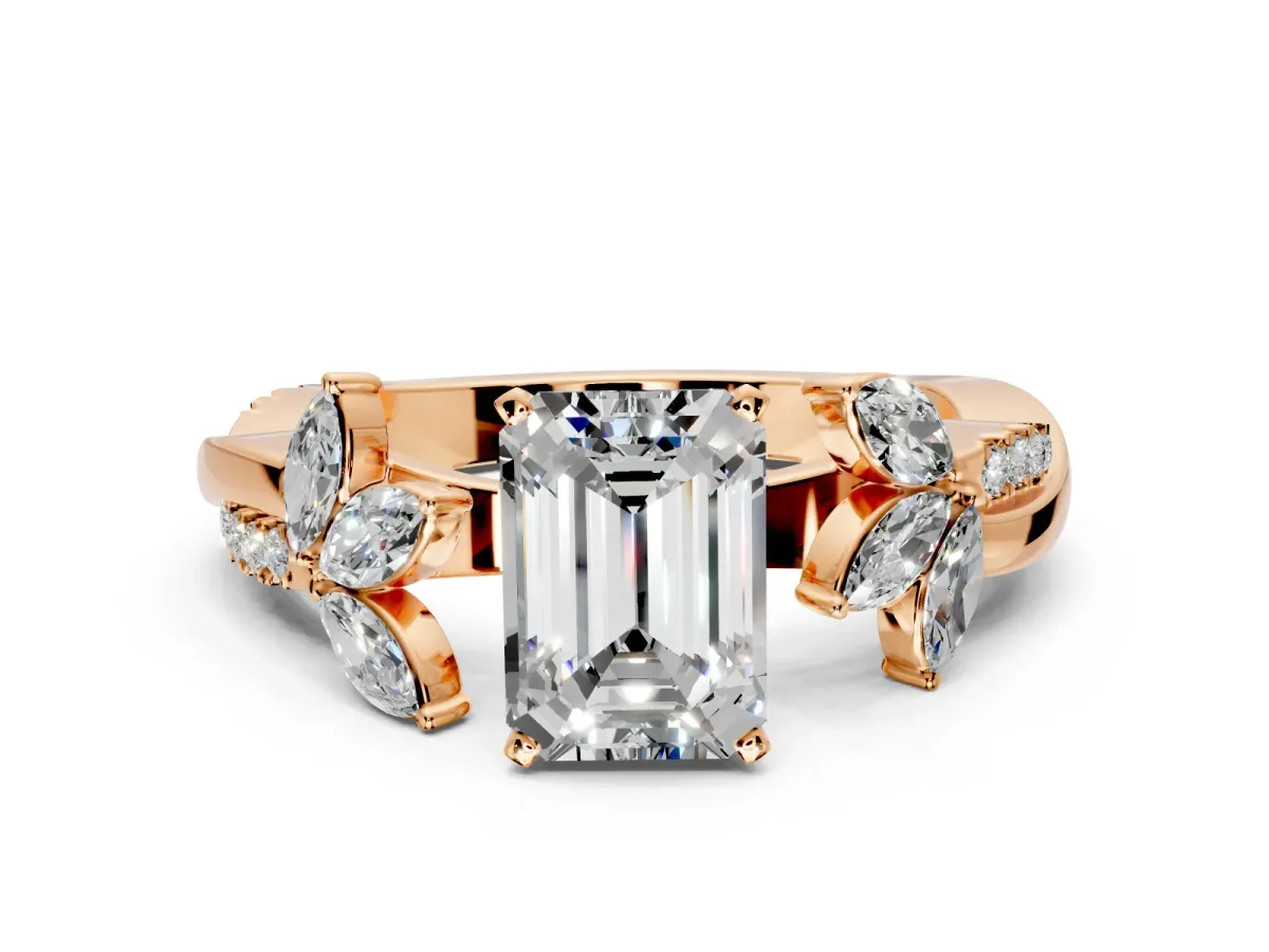 Floral Engagement Ring Setting for Emerald Cut Center with Trailing Marquise Accents and Prong Head in Rose Gold