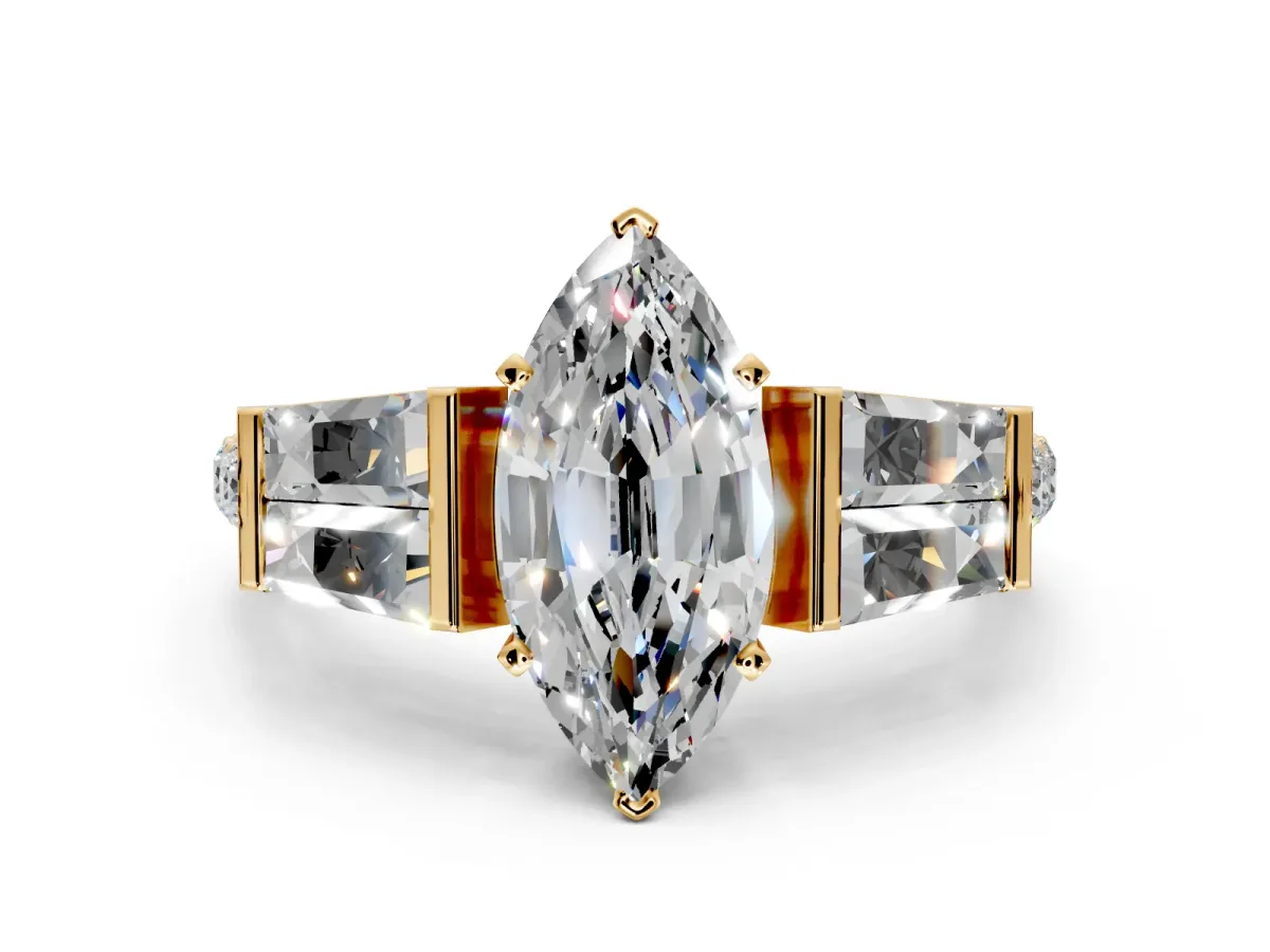 Channel-Set Engagement Ring Setting for Marquise Center with Baguette Band and Prong Head in Yellow Gold