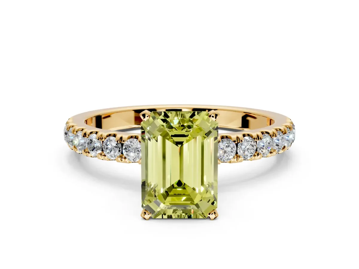 Open Basket Engagement Ring Setting for Fancy Yellow Emerald Cut Center with Pave Band and Prong Head in Yellow Gold