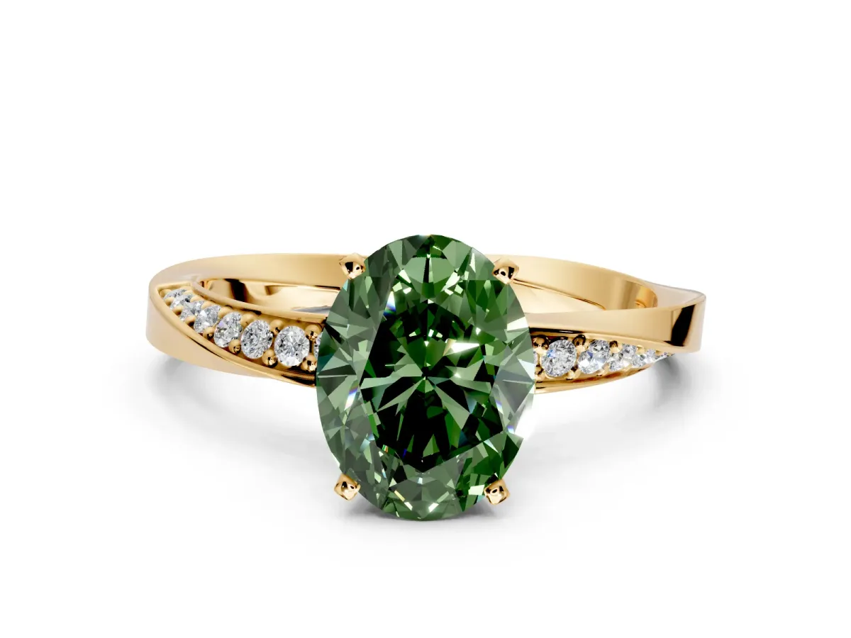 Side Accent Engagement Ring Setting for Fancy Green Oval Center with Accent Shoulders and Prong Head in Yellow Gold