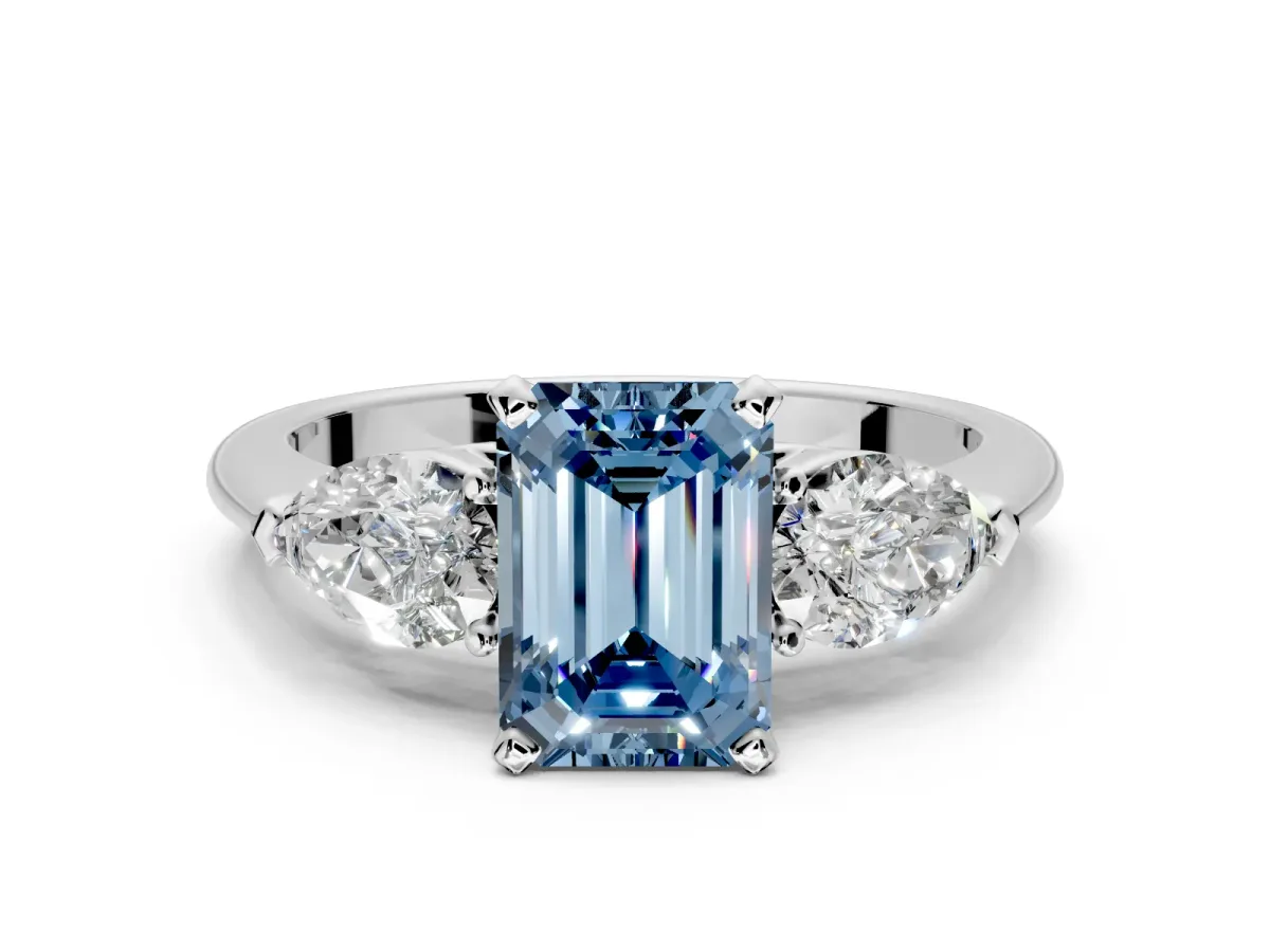 3 Stone Engagement Ring Setting for Fancy Blue Emerald Cut Center with Large Pear-Shaped Accents and Prong Head in Sterling Silver