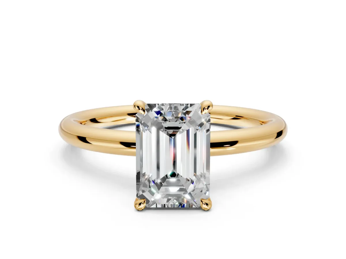 Hidden Halo Engagement Ring Setting for Emerald Cut Center with Thin Rounded Band and Prong Head in Yellow Gold
