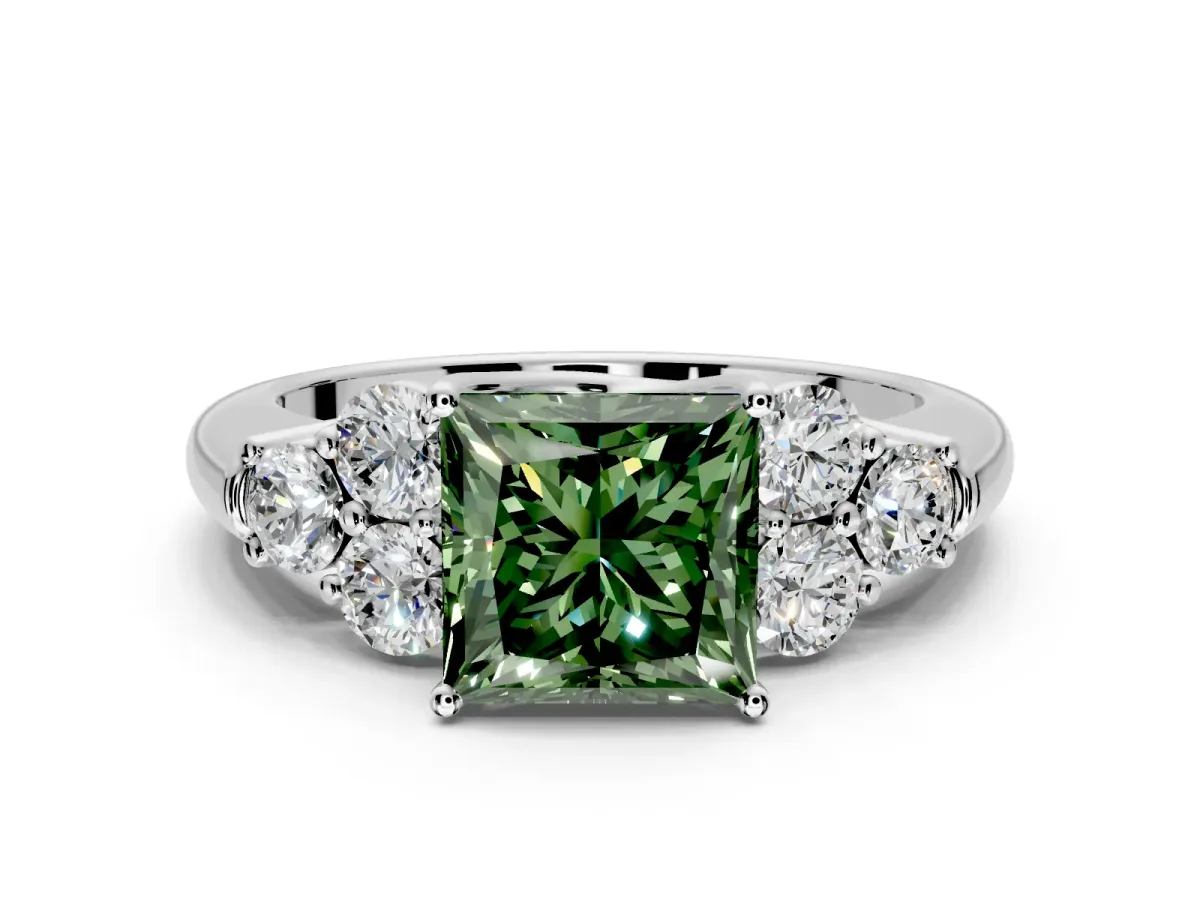 Cluster Engagement Ring Setting for Fancy Green Princess Cut Center with Round Cut Accent Frame and Prong Head in Platinum