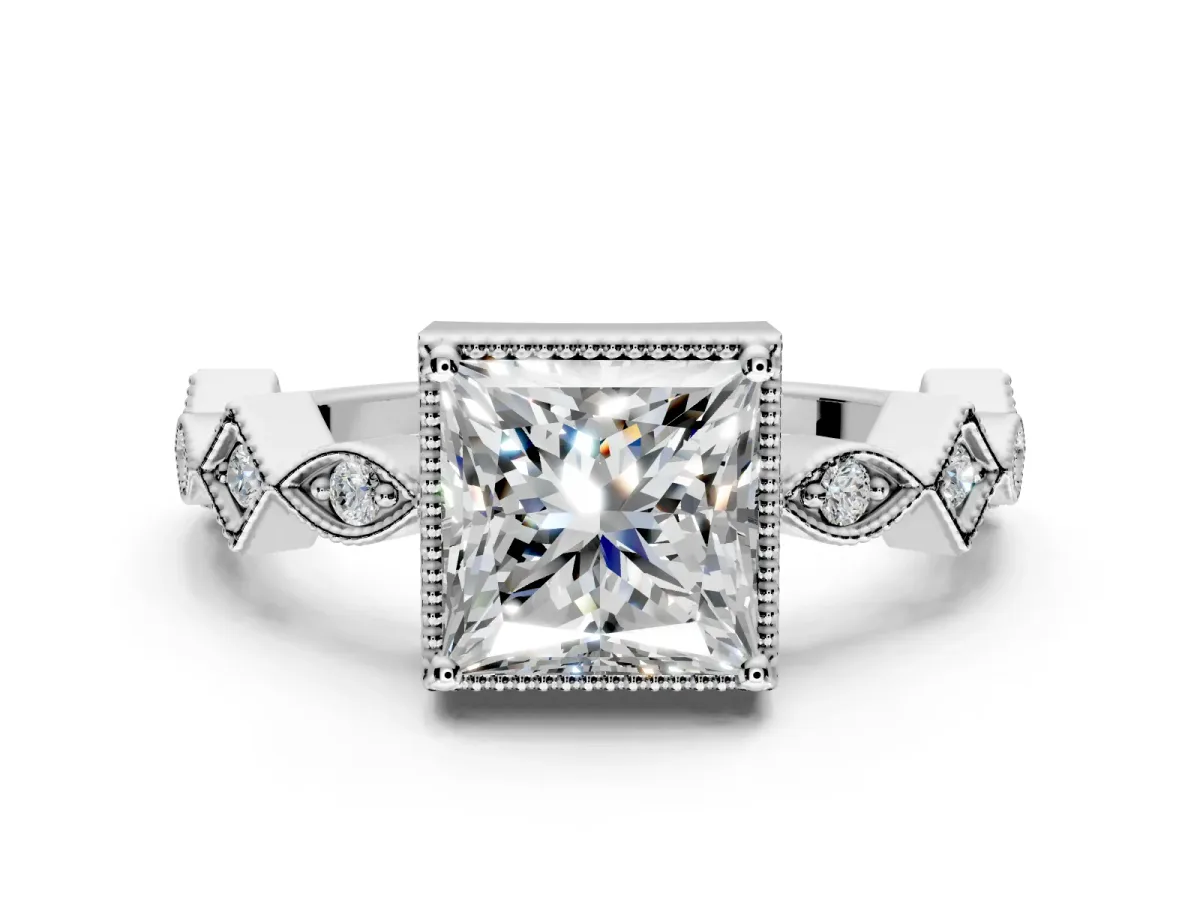 Milgrain Bezel Engagement Ring Setting for Princess Cut Center with Marquise Stations and Bezel Head in Sterling Silver