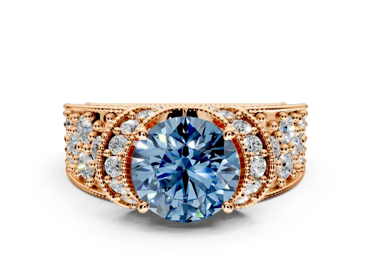 Pave Engagement Ring Setting for Fancy Blue Round Cut Center with Curved Accent Rows, Openwork and Prong Head in Rose Gold