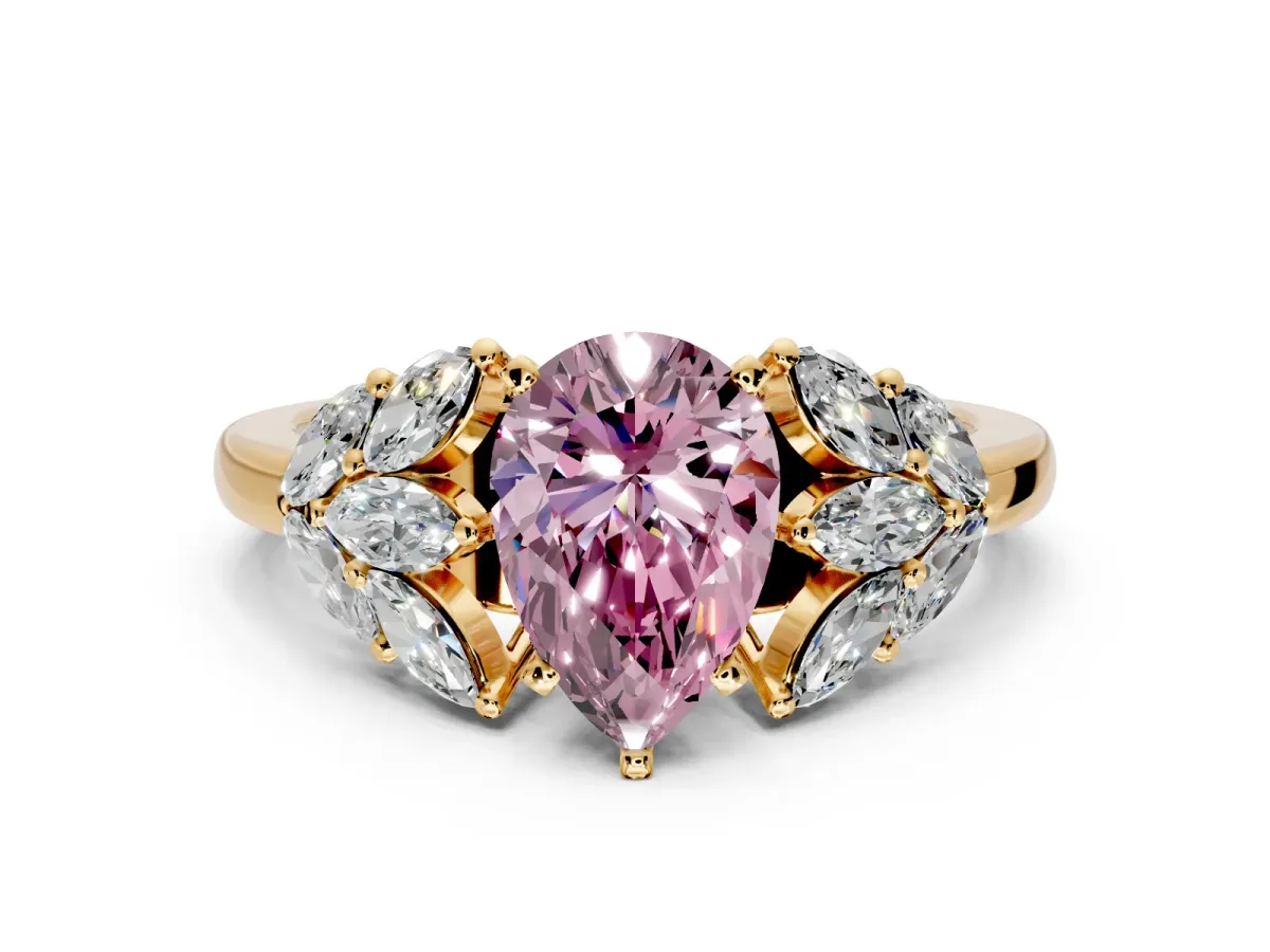 Leaf Cluster Engagement Ring Setting for Fancy Pink Pear-Shaped Center with Marquise Accents and Prong Head in Yellow Gold