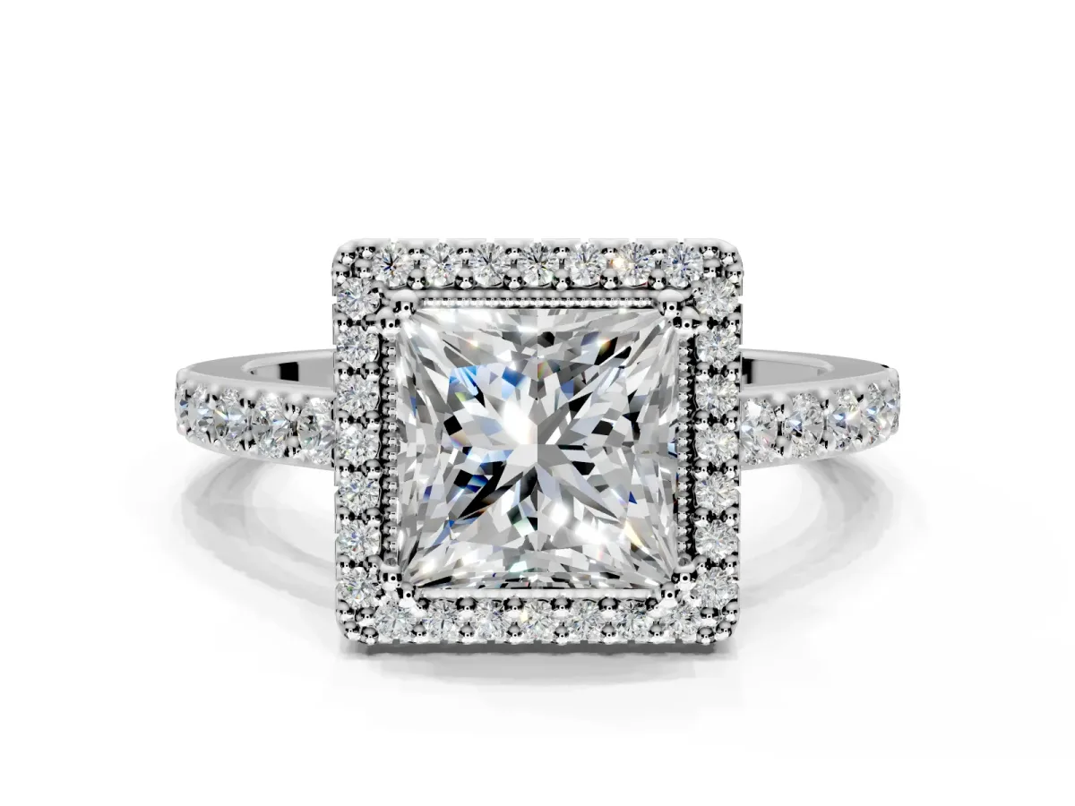 Halo Engagement Ring Setting for Princess Cut Center with Inner Milgrain Border and Prong Head in Platinum