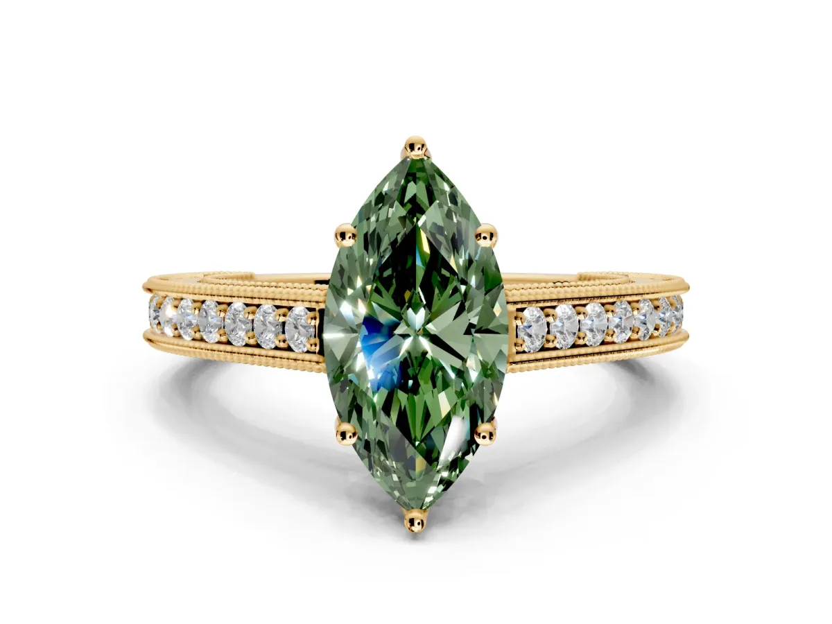 Solitaire Engagement Ring Setting for Fancy Green Marquise Center with Engraved Pave Band and Prong Head in Yellow Gold