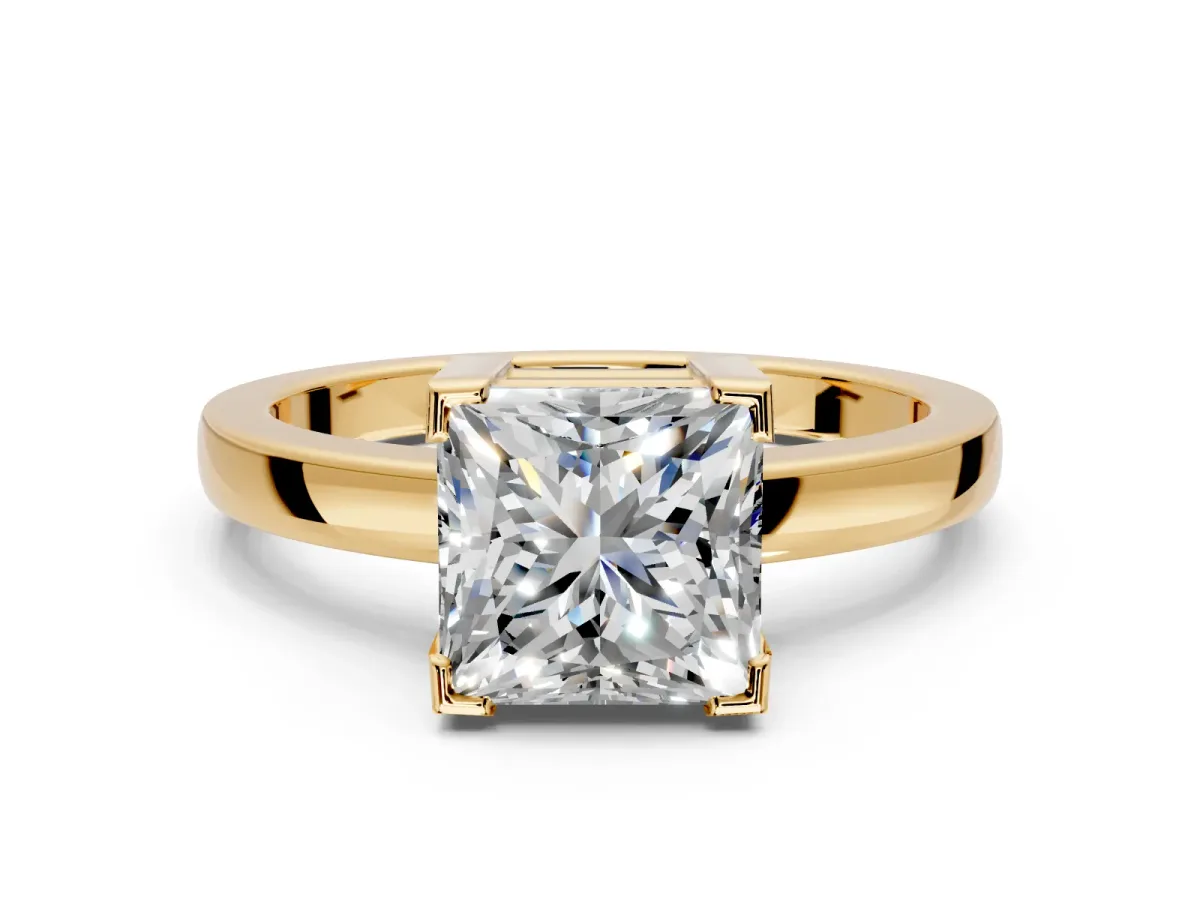 Solitaire Engagement Ring Setting for Princess Cut Center with Plain Band and Flat Tab Prong Head in Yellow Gold