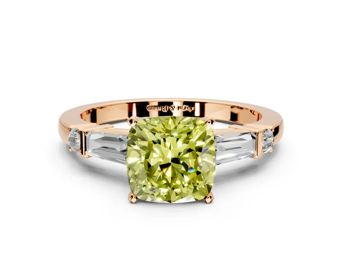 Bar-Set Engagement Ring Setting for Fancy Yellow Cushion Cut Center with Tapered Baguette Accents and Prong Head in Rose Gold