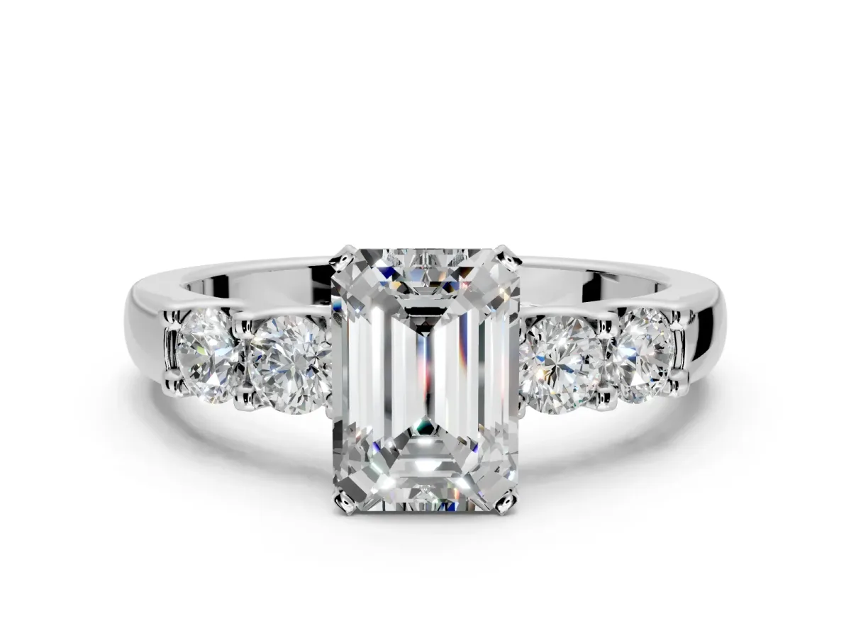 5 Stone Engagement Ring Setting for Emerald Cut Center with Plain Band and Prong Head in Platinum