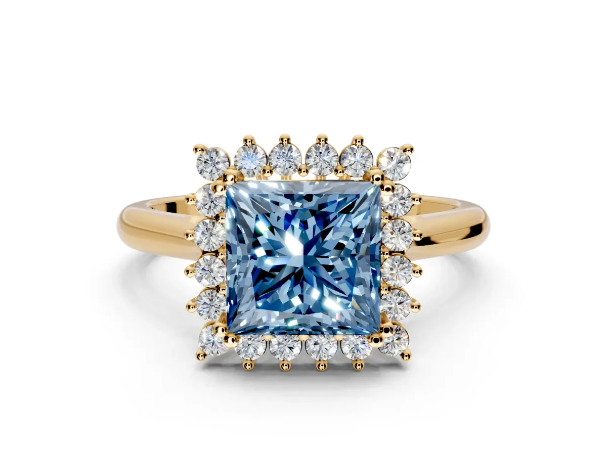 Starburst Halo Engagement Ring Setting for Fancy Blue Princess Cut Center with Thin Round-Wire Band and Prong Head in Yellow Gold